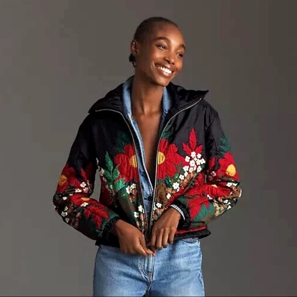 Anthropologie XL Floral Embroidered Bomber Jacket | Quilted Puffer Coat - Picture 3 of 9